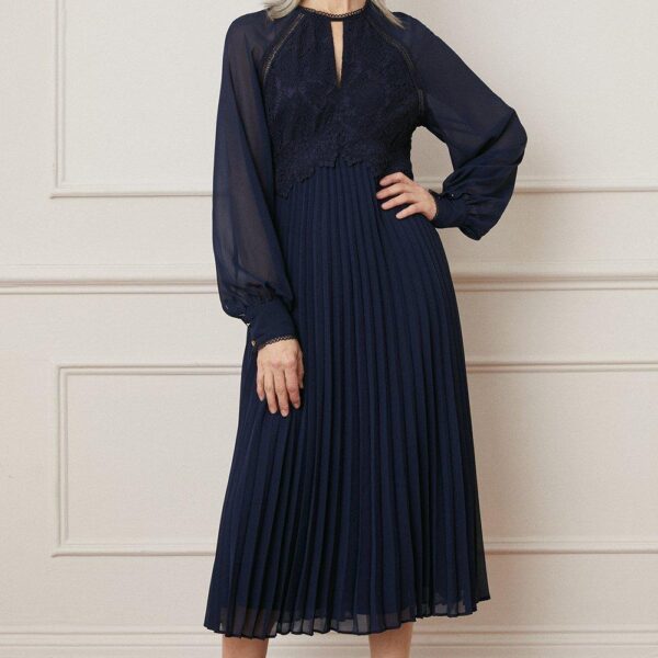 Wallis Womens Lace Insert Pleated Midi Dress - Navy - Size 12 UK