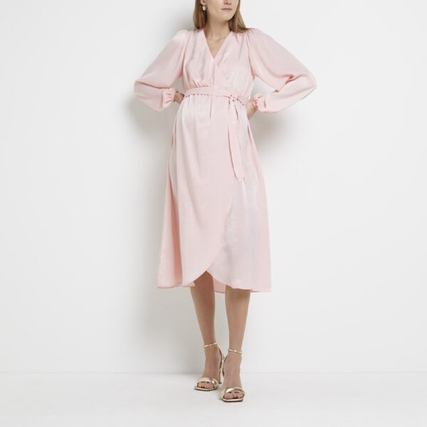 River Island Womens Wrap Midi Dress Maternity Pink Satin - Size 8 UK