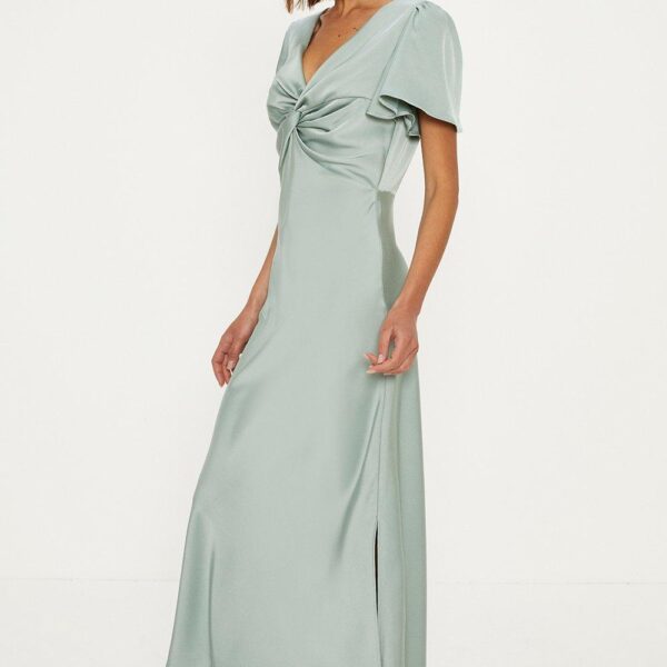 Oasis Womens Satin Twist Front Angel Sleeve Midi Bridesmaids Dress - Sage Green - Size 8 UK