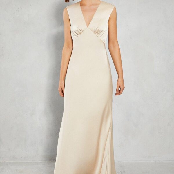 Oasis Womens Satin Open Back Detail Maxi Bridesmaids Dress - Champagne - Size 8 UK