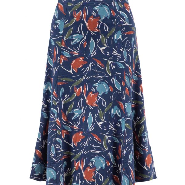 Weird Fish Lorient Printed Jersey Godet Midi Skirt Navy Blue Size 22