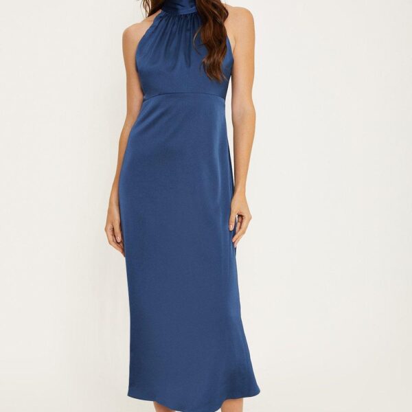 Oasis Womens Satin Halter Neck Midi Bridesmaids Dress - Navy - Size 12 UK
