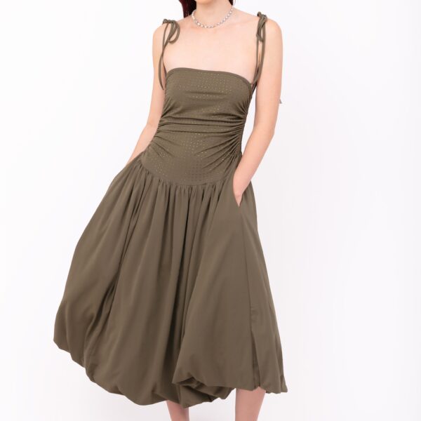 Alexa Khaki Rhinestone Embellished Puffball Dress