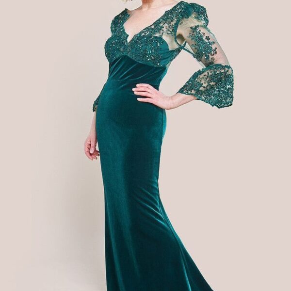 Scalloped Lace & Velvet Maxi Dress - Emerald Green by Goddiva