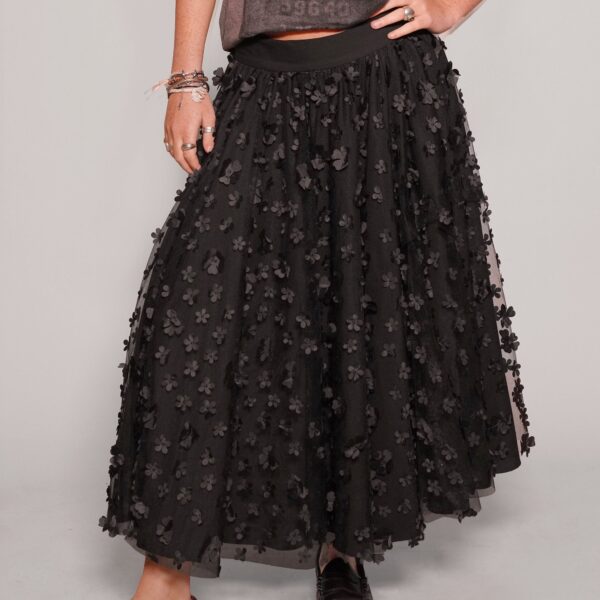 Mesh Maxi Skirt - Flower Pattern in Black