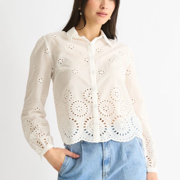White Cotton Broderie Scallop Boxy Shirt