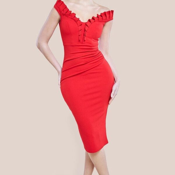 Off The Shoulder Frill Bodice Midi Dress - Red by Goddiva