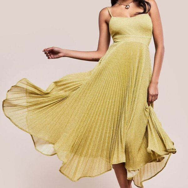 Tie Back Pleated Lurex Skater Midi Dress - Gold by Goddiva