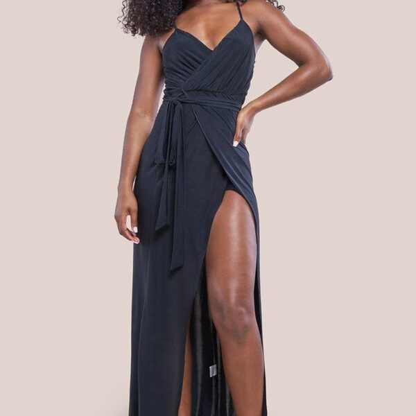 Wrap Front Maxi Slip Dress With Waist Tie-Up - Black by City Goddess