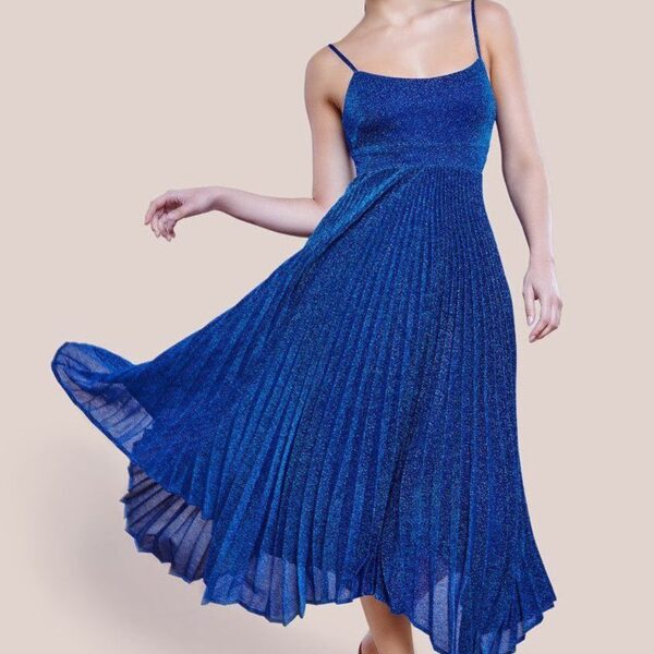 Tie Back Pleated Lurex Skater Midi Dress - Royal Blue by Goddiva