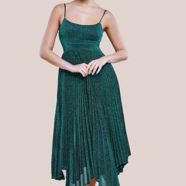 Tie Back Pleated Lurex Skater Midi Dress - Emerald by Goddiva