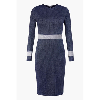 Enorsia  Shiny Silver Metallic Stretch Midi Dress  women's Long Dress in Marine