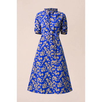 Enorsia  Tie Frill Neck Printed Midi Dress  women's Long Dress in Blue
