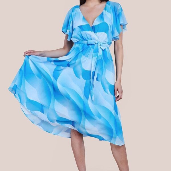 Printed Flutter Sleeve Chiffon Midi Dress - Light Blue by Goddiva