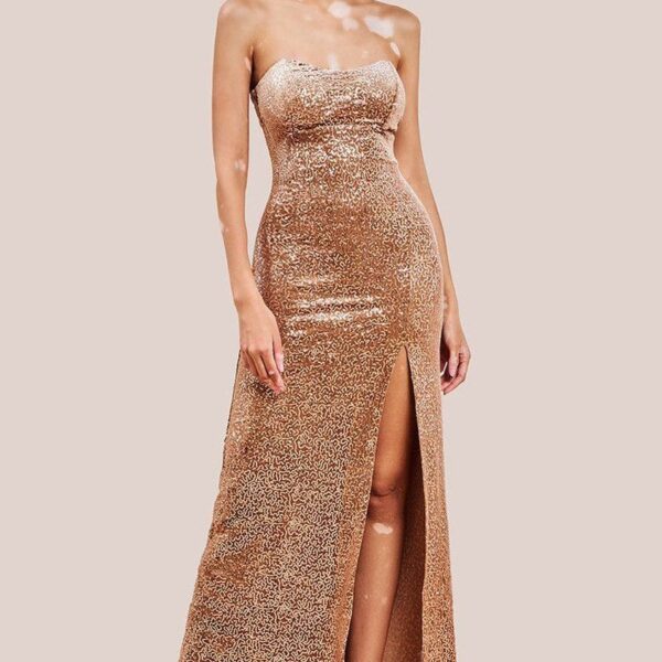 Sequin Velvet Bandeau Maxi Dress - Champagne by Goddiva