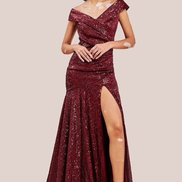 Bardot Sequin Pleated Maxi Dress - Wine by Goddiva