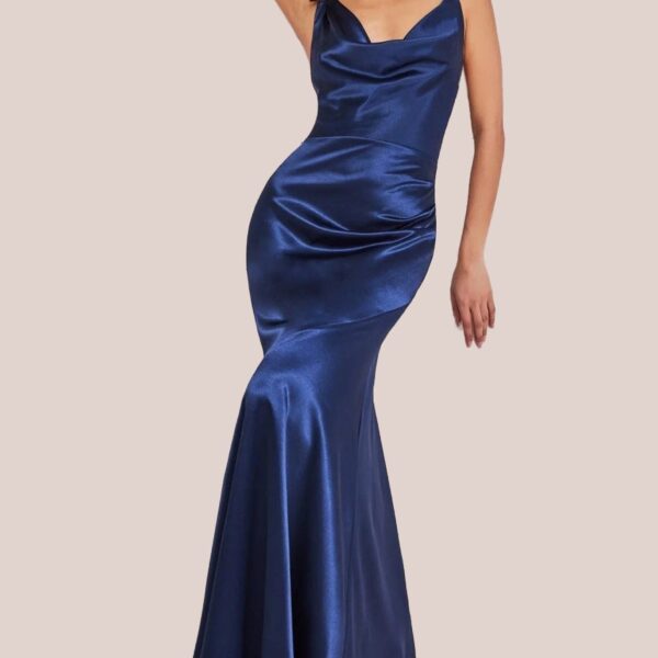 Cowl Neck With Strappy Back Satin Maxi - Navy by Goddiva
