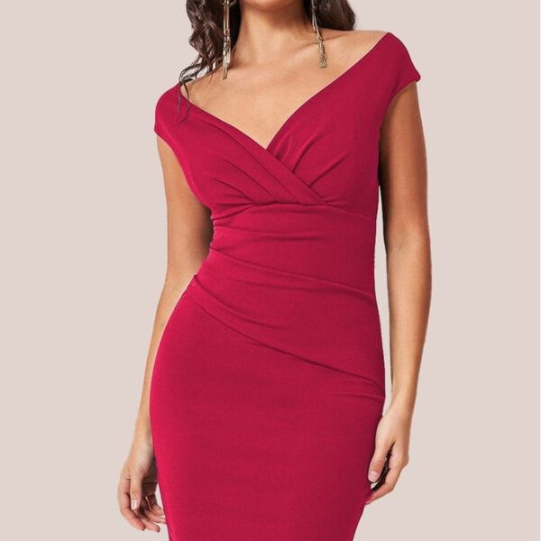 Bardot Pleated Midi Dress - Wine by Goddiva