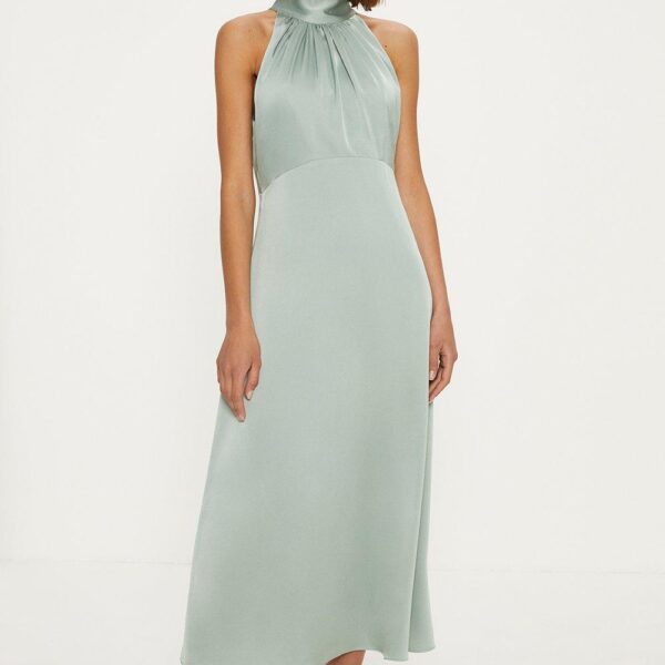Oasis Womens Satin Halter Neck Midi Bridesmaids Dress - Sage Green material_polyester - Size 16 UK