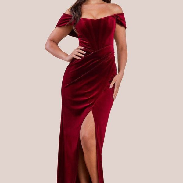 Draped Shoulder Velvet Corset Maxi Dress - Wine by Goddiva