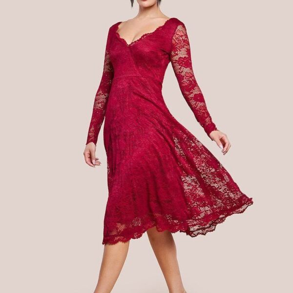 Scalloped Lace A-line Midi Dress - Wine by Goddiva