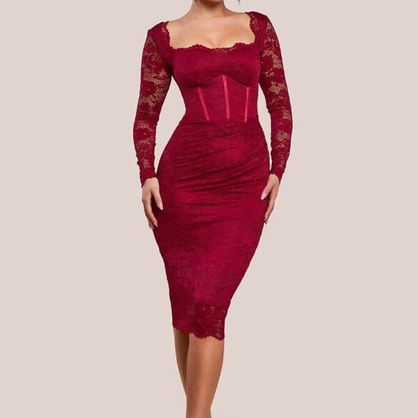 Scalloped Lace Corset Bodice Midi Dress - Wine by Goddiva