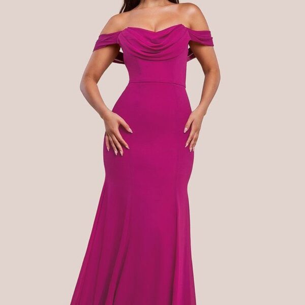 Chiffon Bardot Cowl Neck Maxi Dress - Magenta by Goddiva