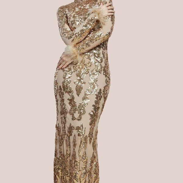 Sequin High Neck Feather Cuff Maxi Dress - Gold by Goddiva