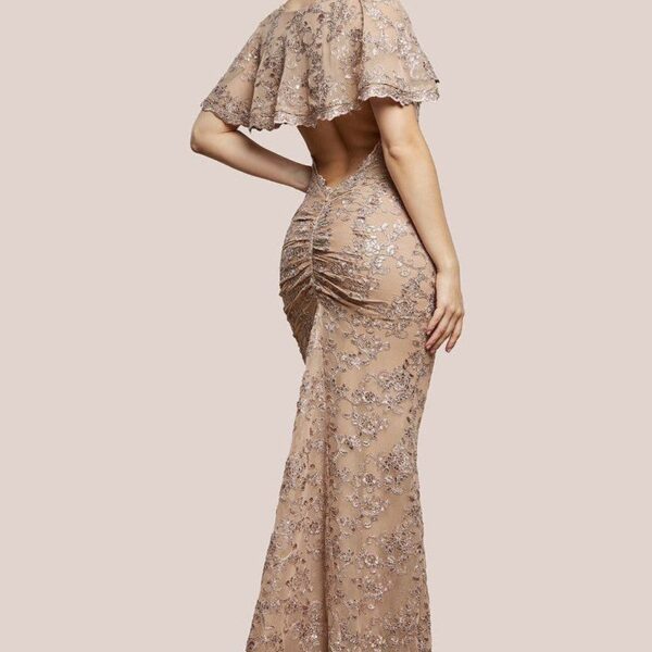 Scalloped Cape Open Back Lace & Sequin Maxi Dress - Champagne by Goddiva