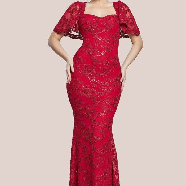 Scalloped Cape Open Back Lace & Sequin Maxi Dress - Red by Goddiva