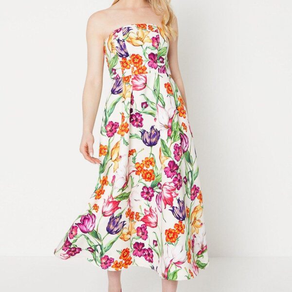 Oasis Womens Floral Bandeau Ottoman Midi Dress - Multicolour - Size 14 UK