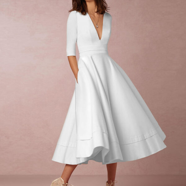 Plunge Midi Dress Half Sleeves Pockets A-Line Prom Dresses In Burgundy