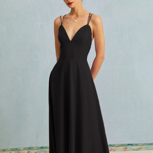 Black Dress Spaghetti Straps Sleeveless Pleated Prom Maxi Dresses