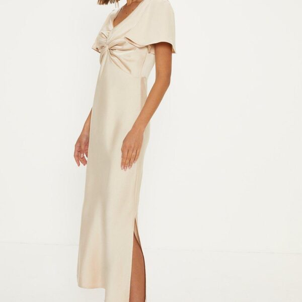 Oasis Womens Satin Twist Front Angel Sleeve Midi Bridesmaids Dress - Champagne - Size 6 UK