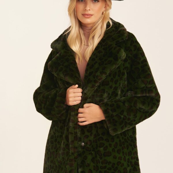 Khaki Leopard Print Faux Fur Coat Jacket