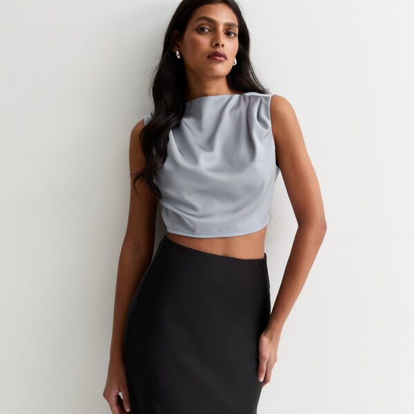 Silver High Neck Sleeveless Satin Top