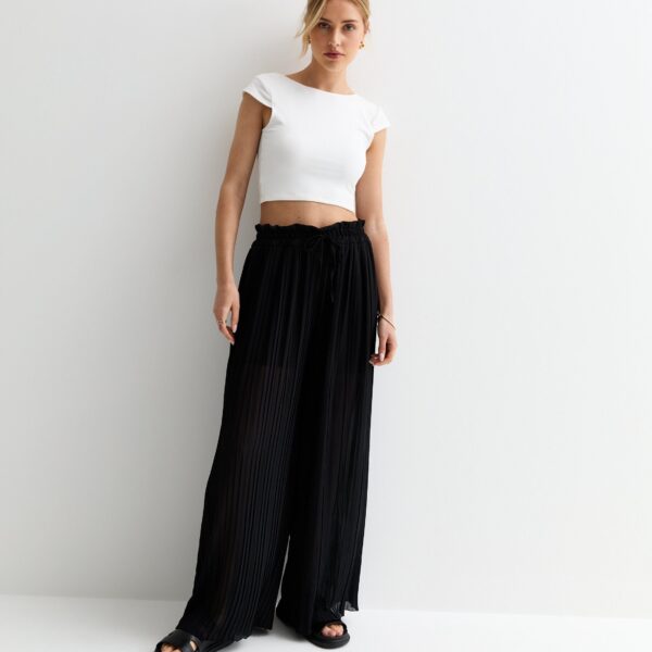 Black Elasticated Waist Plisse Wide Leg Trouser