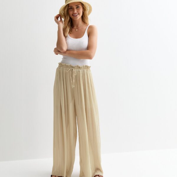 Beige Elasticated Waist Plisse Wide Leg Trouser