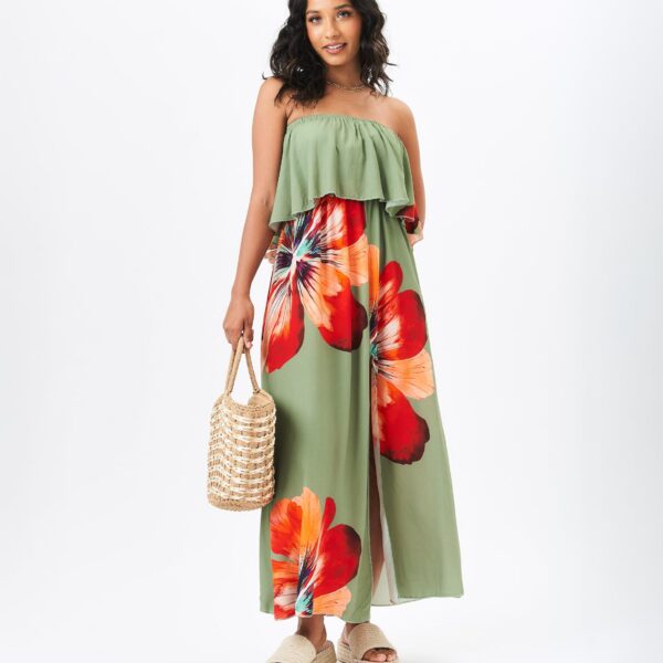 Khaki Large Floral Bardot Summer Dress