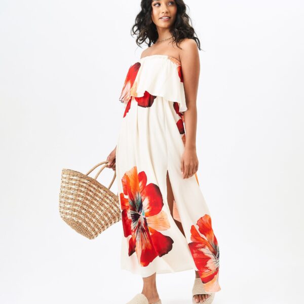 Beige Large Floral Bardot Summer Dress