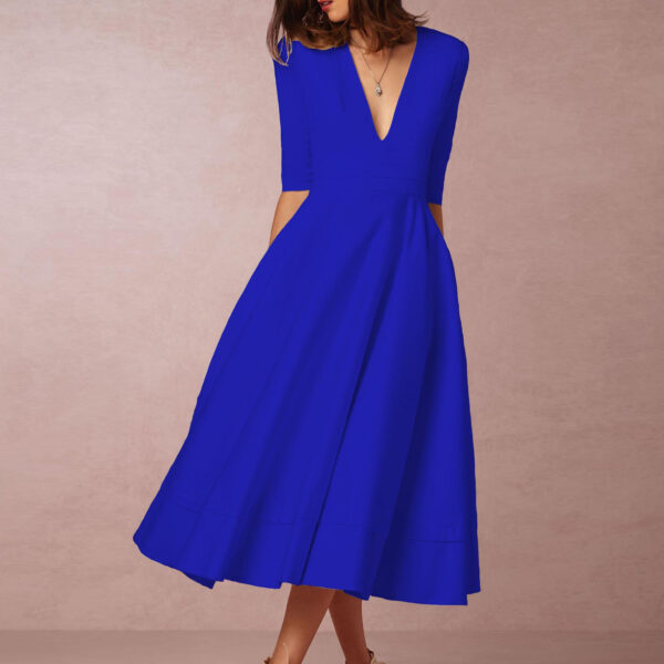 Plunge Midi Dress Half Sleeves Pockets A-Line Prom Dresses In Burgundy
