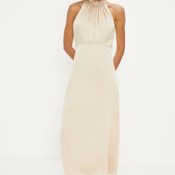 Oasis Womens Satin Halter Neck Midi Bridesmaids Dress - Champagne - Size 10 UK