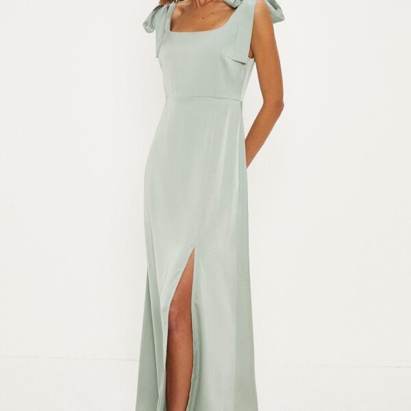 Oasis Womens Satin Tie Shoulder Midi Bridesmaids Dress - Sage Green - Size 10 UK
