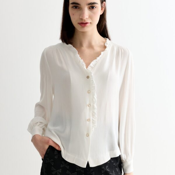 Alegra Moss Crepe Frill V-Neck Blouse