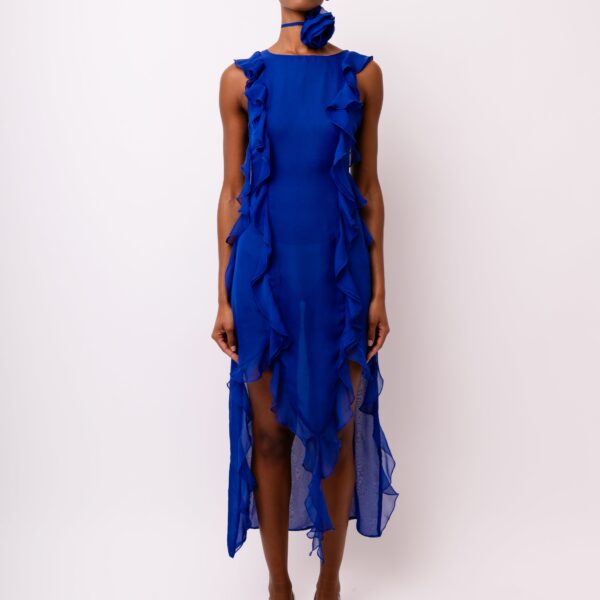 Roma Blue Ruffle Chiffon Midi Dress
