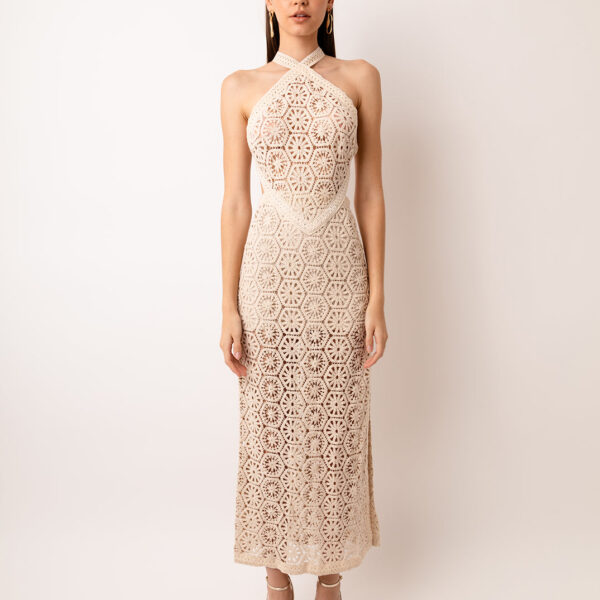 Tuscany Beige Crochet Halter Maxi Dress