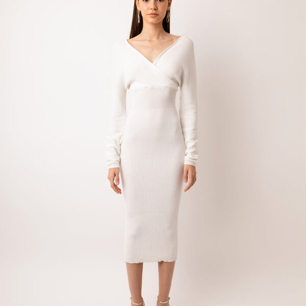 Adelaide White Wrap Rib Knit Midi Dress
