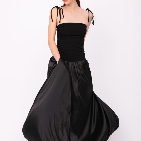 Alexa Black Satin Puffball Maxi Dress