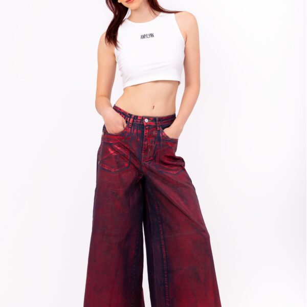 Wren Red Foil Coated Denim Trousers