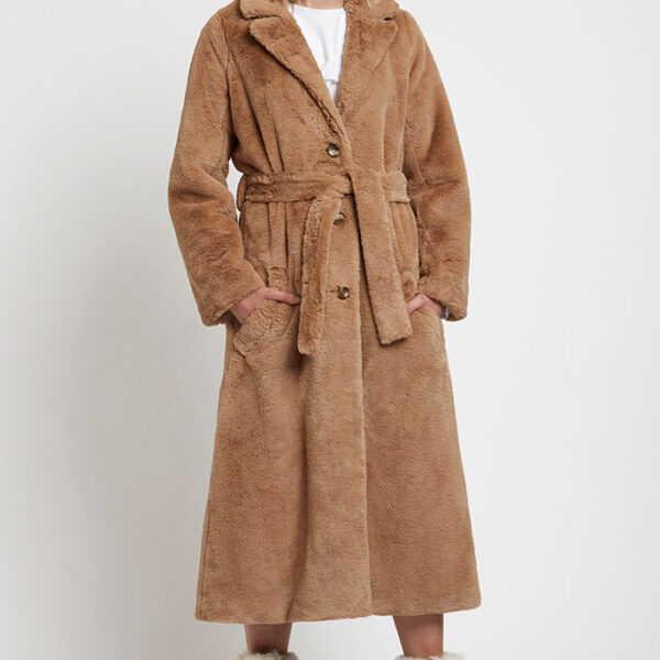 Arinette Faux Fur Tie Waist Coat - Camel